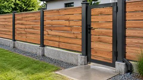 Pagar kayu dan gerbang pada sisi halaman rumah