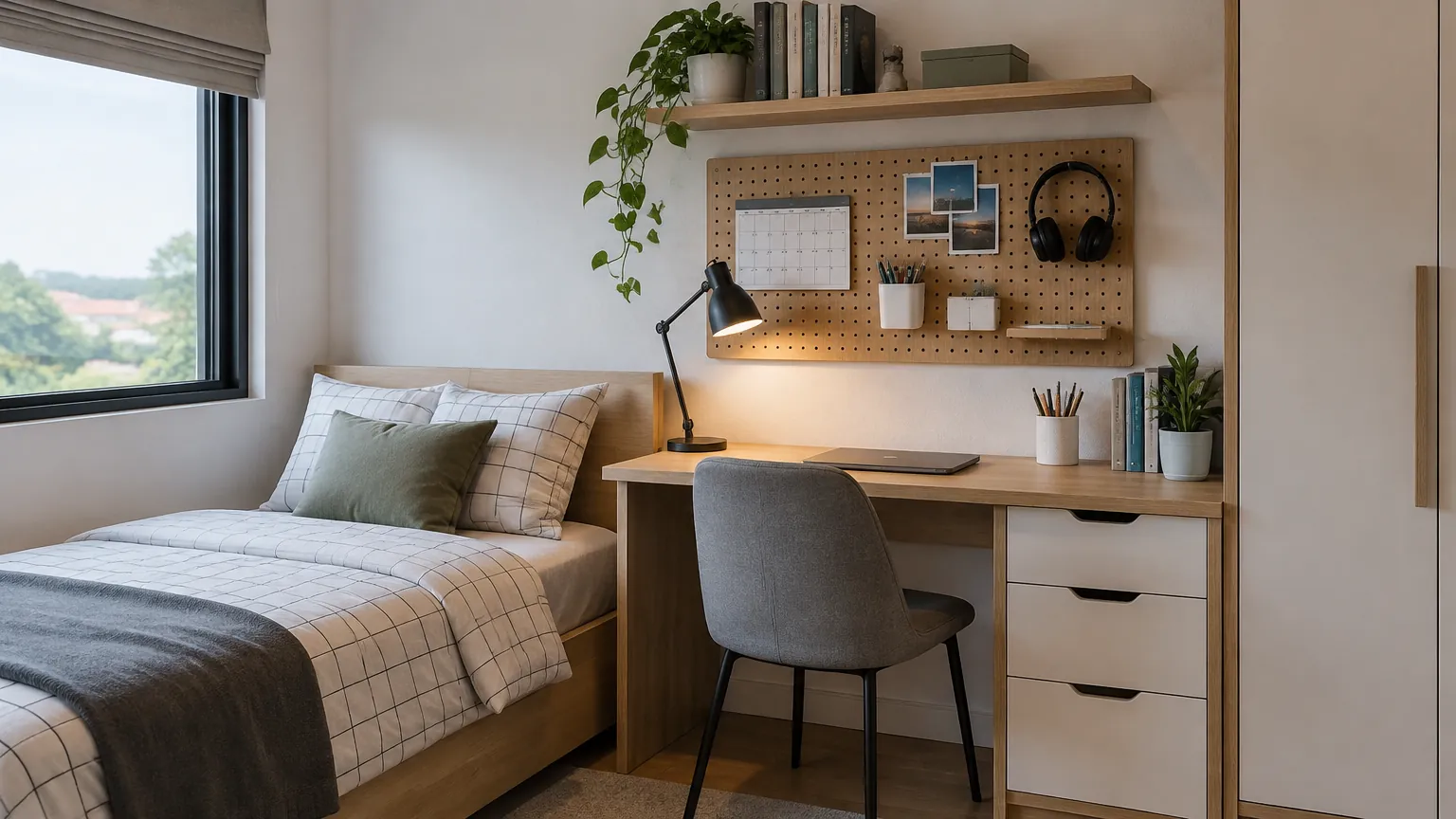 Kamar remaja dengan meja belajar di samping tempat tidur