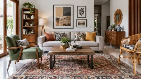 Ruang tamu dengan sofa, kursi, karpet bermotif, dan beberapa dekorasi