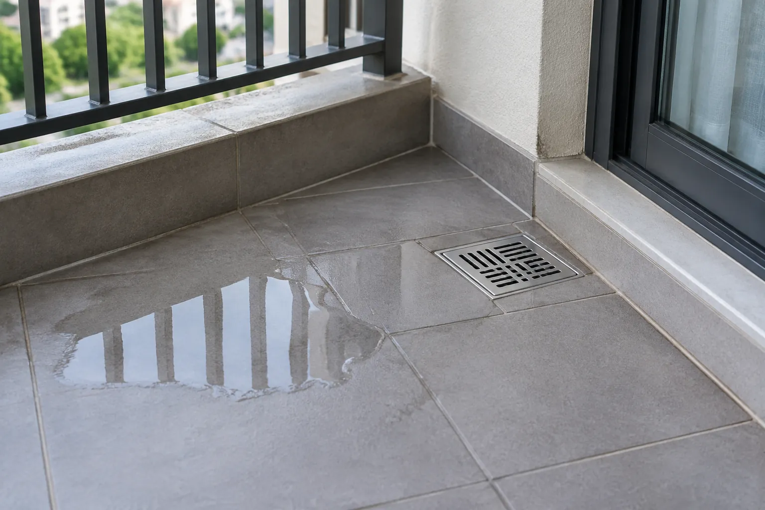 Lantai balkon tergenang di sekitar kisi drainase
