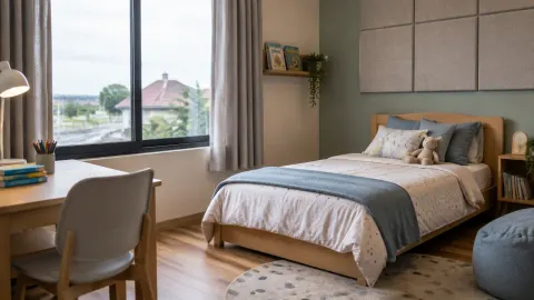 Kamar anak dengan tempat tidur, karpet, dan jendela