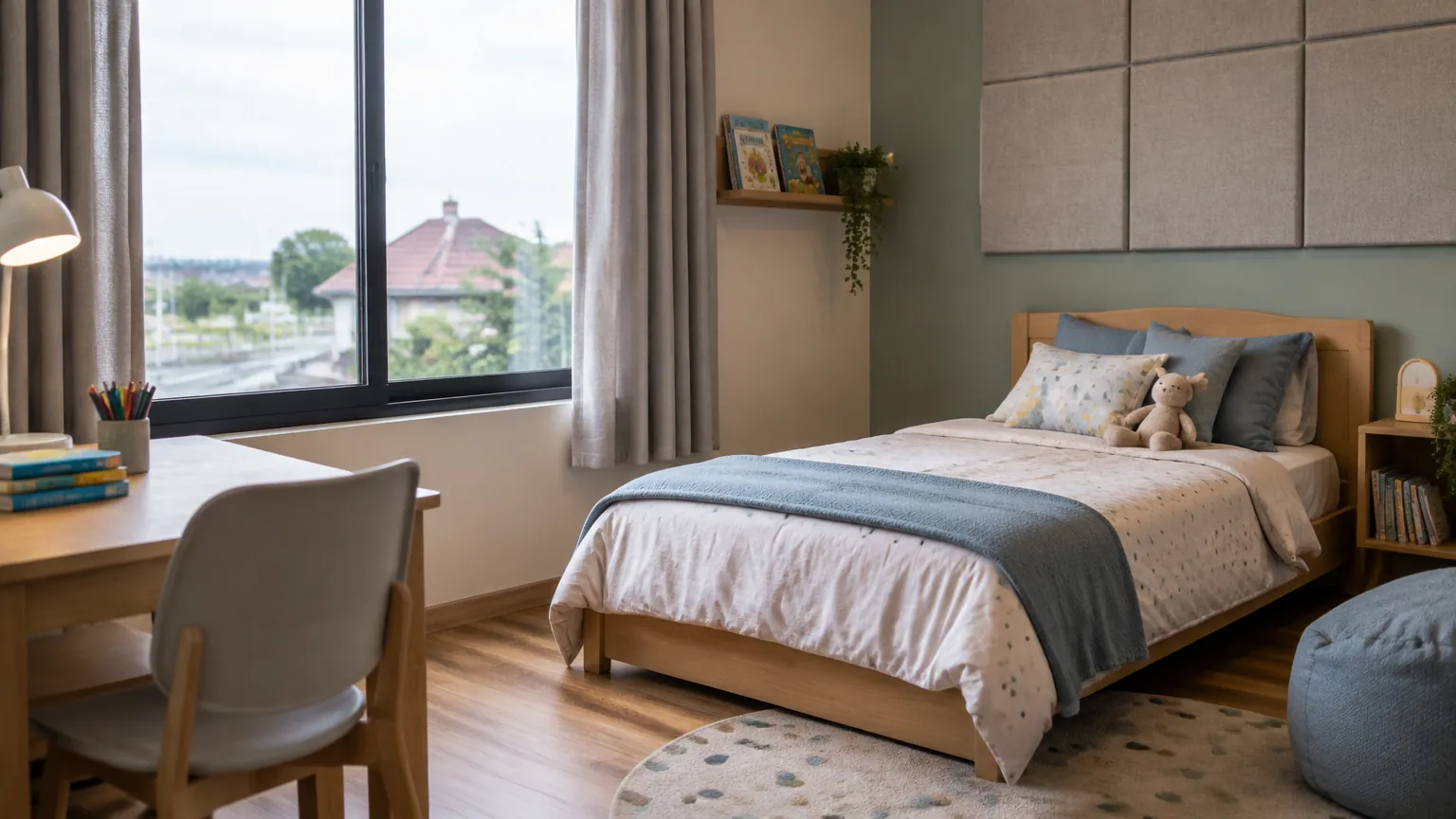 Kamar anak dengan tempat tidur, karpet, dan jendela