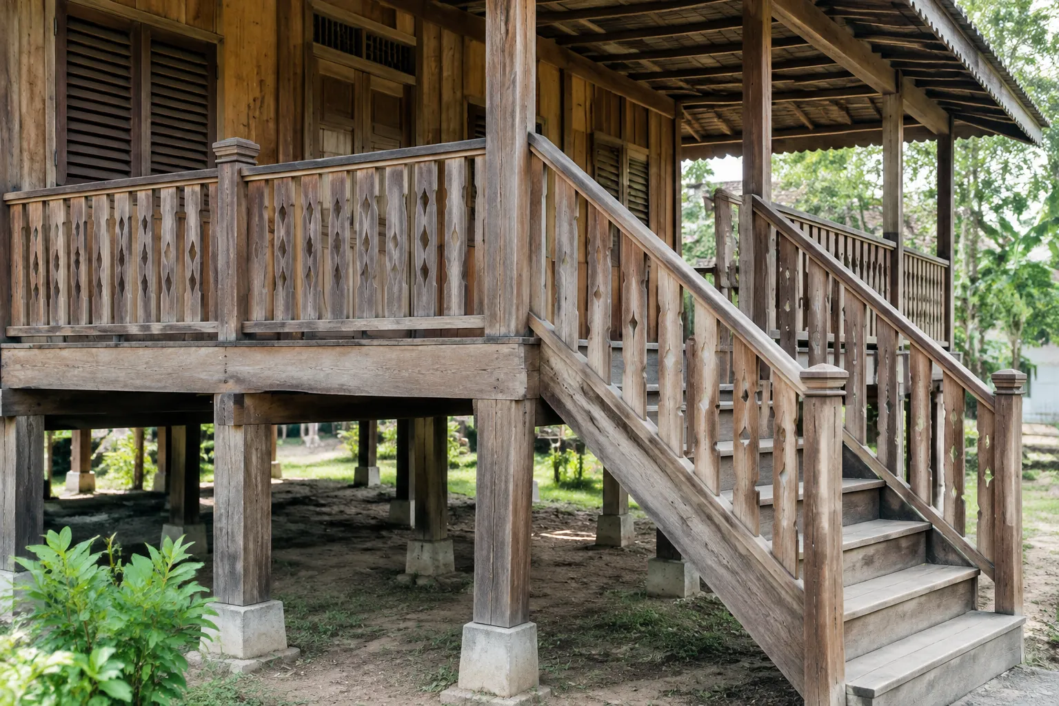 Pagar kayu mengikuti teras dan tangga rumah panggung