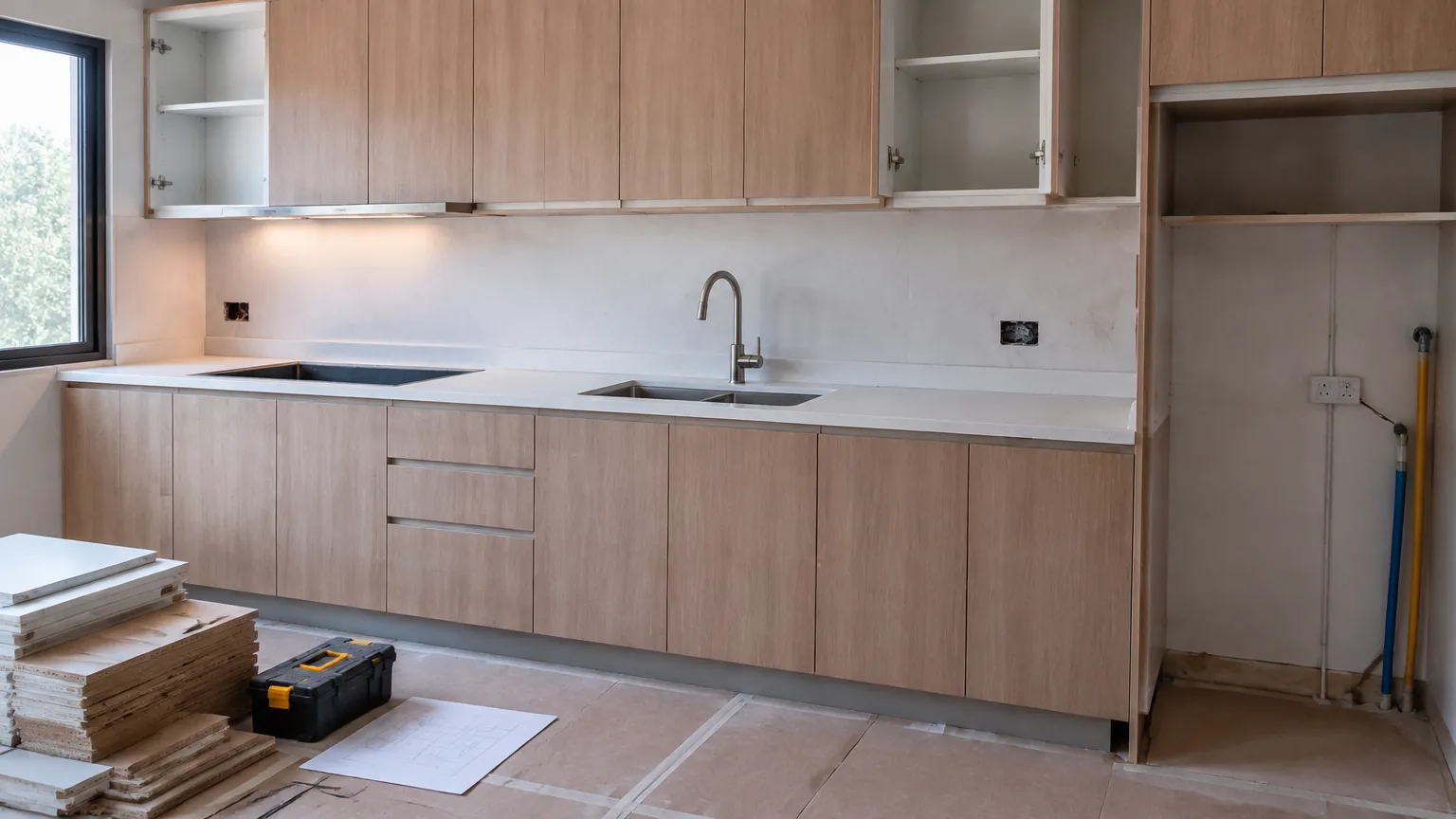 Kitchen set kayu terang yang sedang dikerjakan