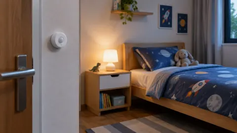 Kamar anak dengan perangkat kecil di dinding dekat pintu