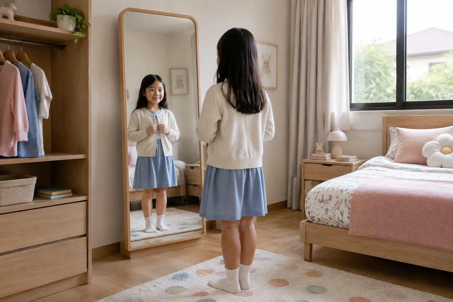 Anak berdiri di depan cermin badan penuh di kamar tidur