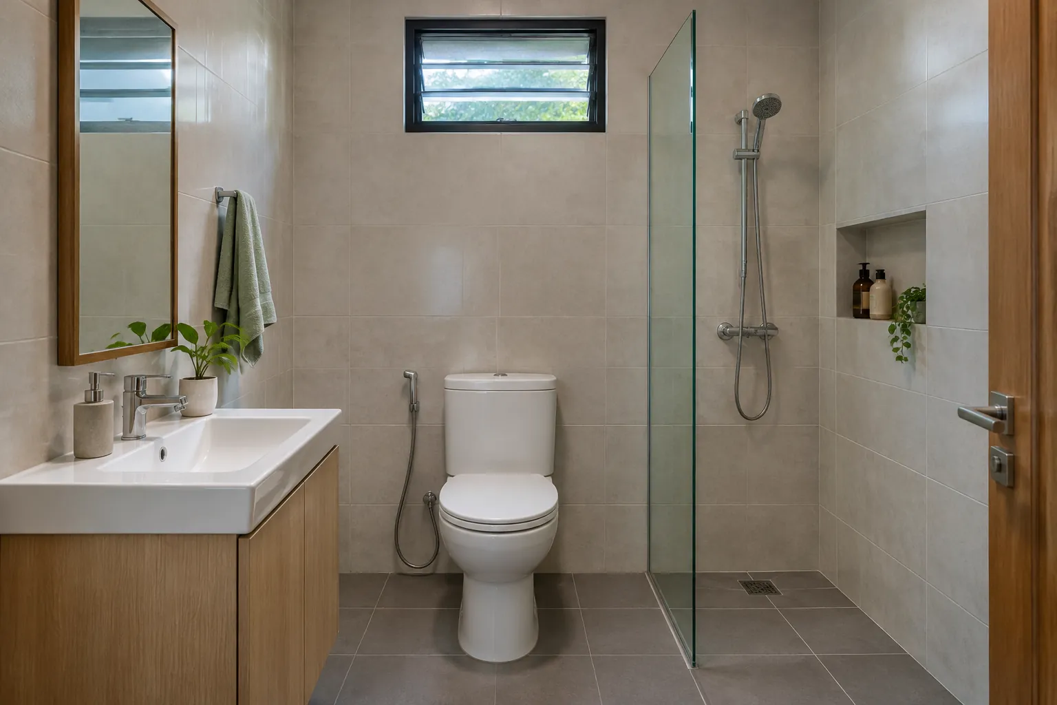 Wastafel, kloset, dan shower dalam satu kamar mandi