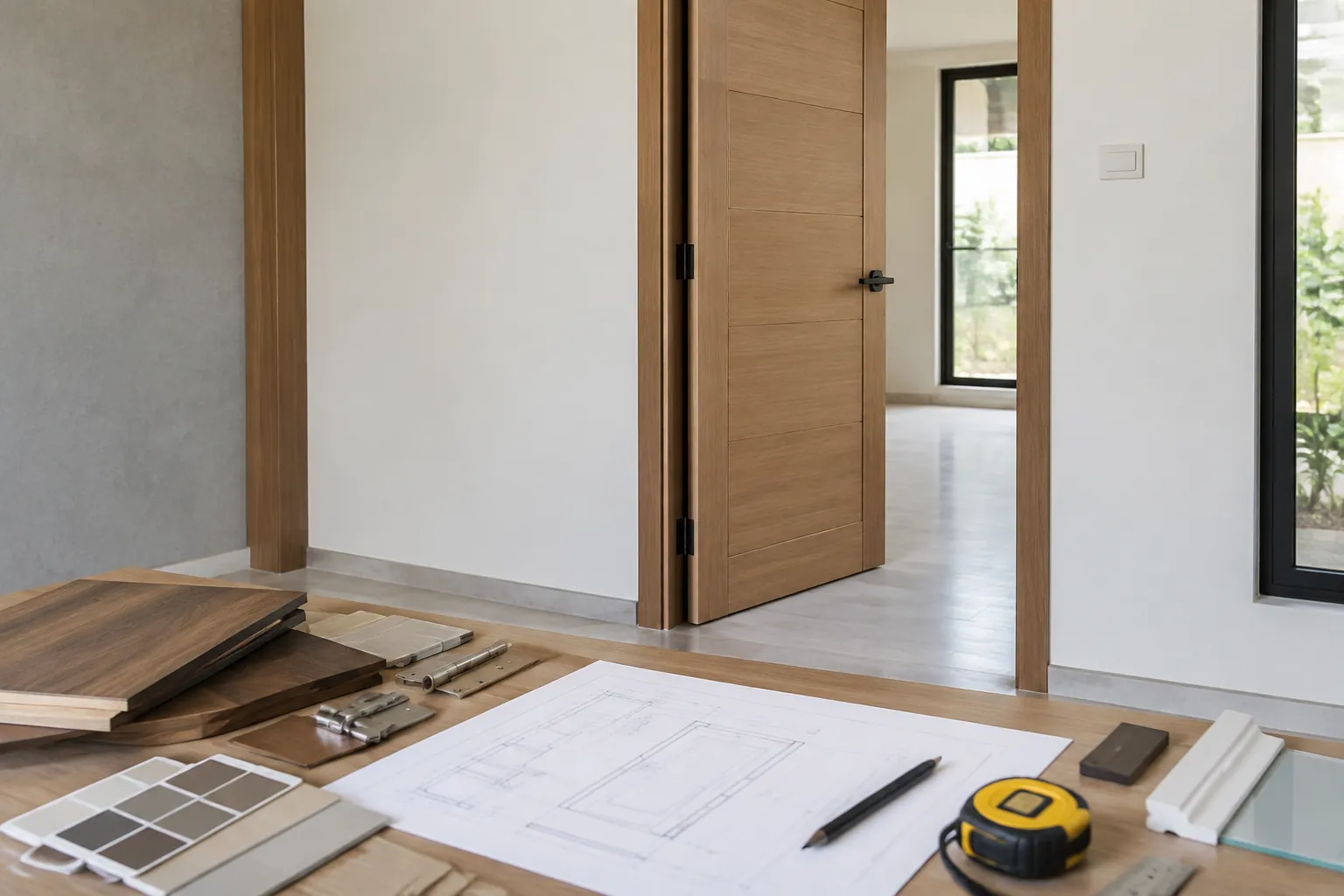 Gambar rencana dan alat ukur di depan pintu kayu