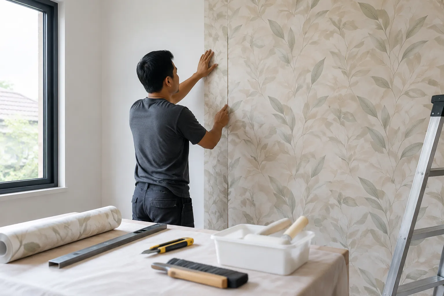 Seseorang memasang wallpaper motif daun pada dinding