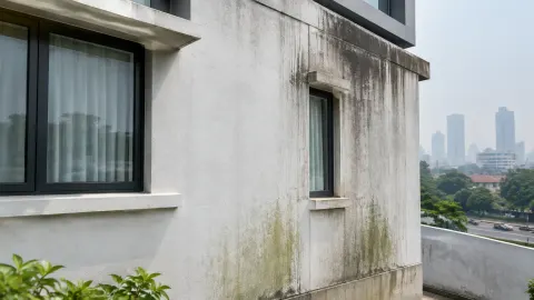 Bercak gelap dan aliran kotoran terlihat pada dinding fasad
