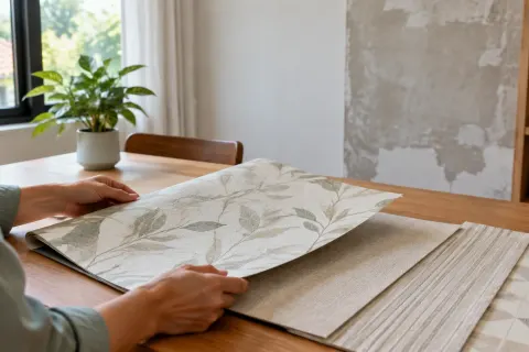 Sampel wallpaper bermotif daun dibandingkan di meja