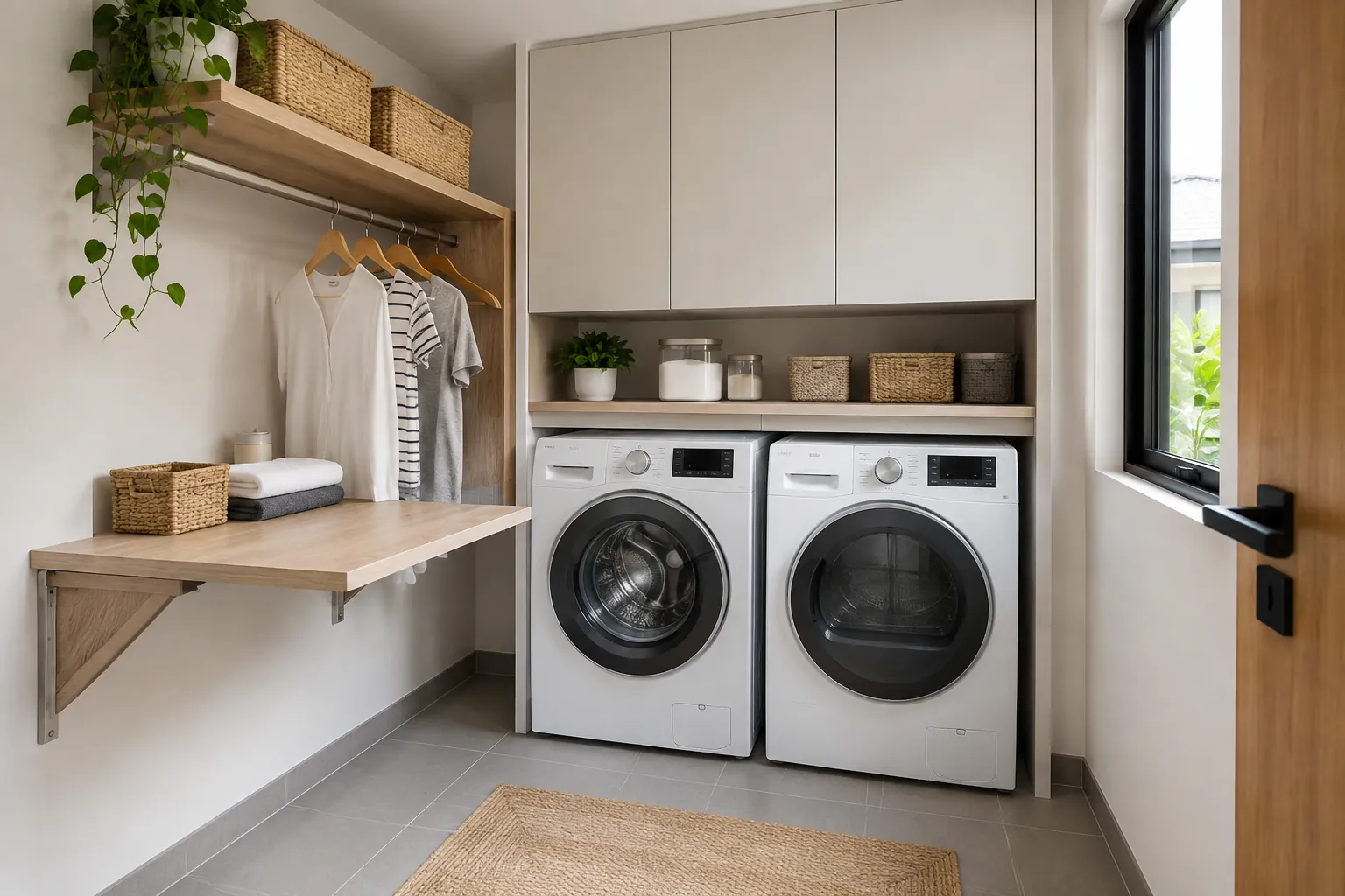 Dua mesin laundry berada di bawah rak dan meja lipat