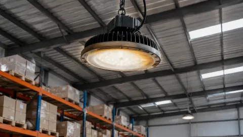 Lampu gantung besar di bawah atap gudang berangka baja