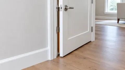 Trim putih di sisi pintu dengan engsel yang terlihat