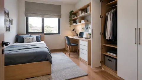 Tempat tidur remaja di samping meja dan lemari
