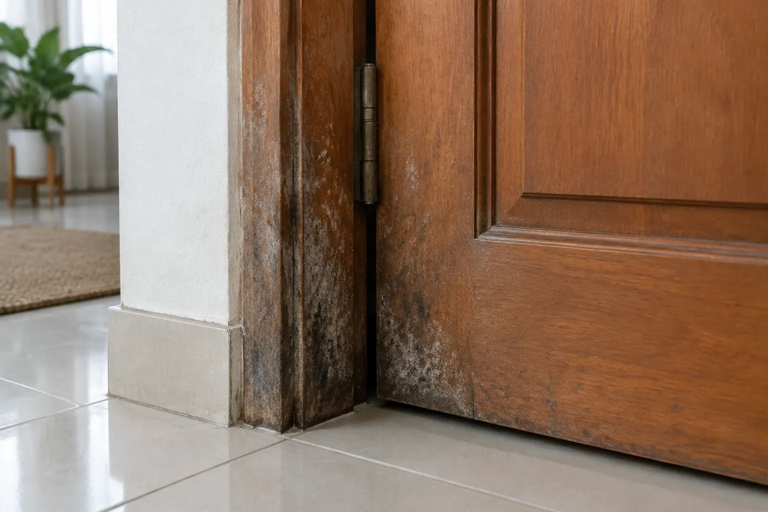 Noda pada bagian bawah pintu kayu dan kusen