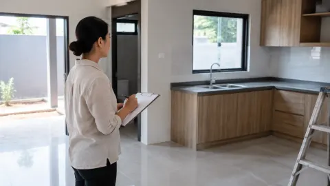 Seseorang mencatat kondisi ruang yang sedang direnovasi