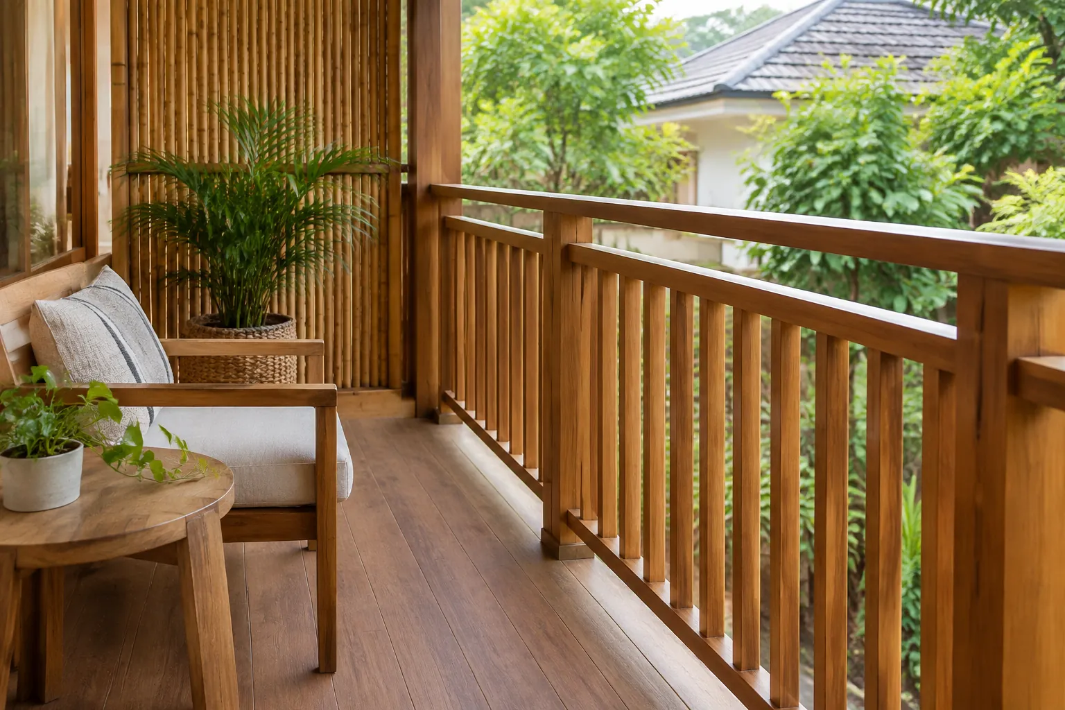 Pagar bilah kayu membatasi tepi balkon yang beratap