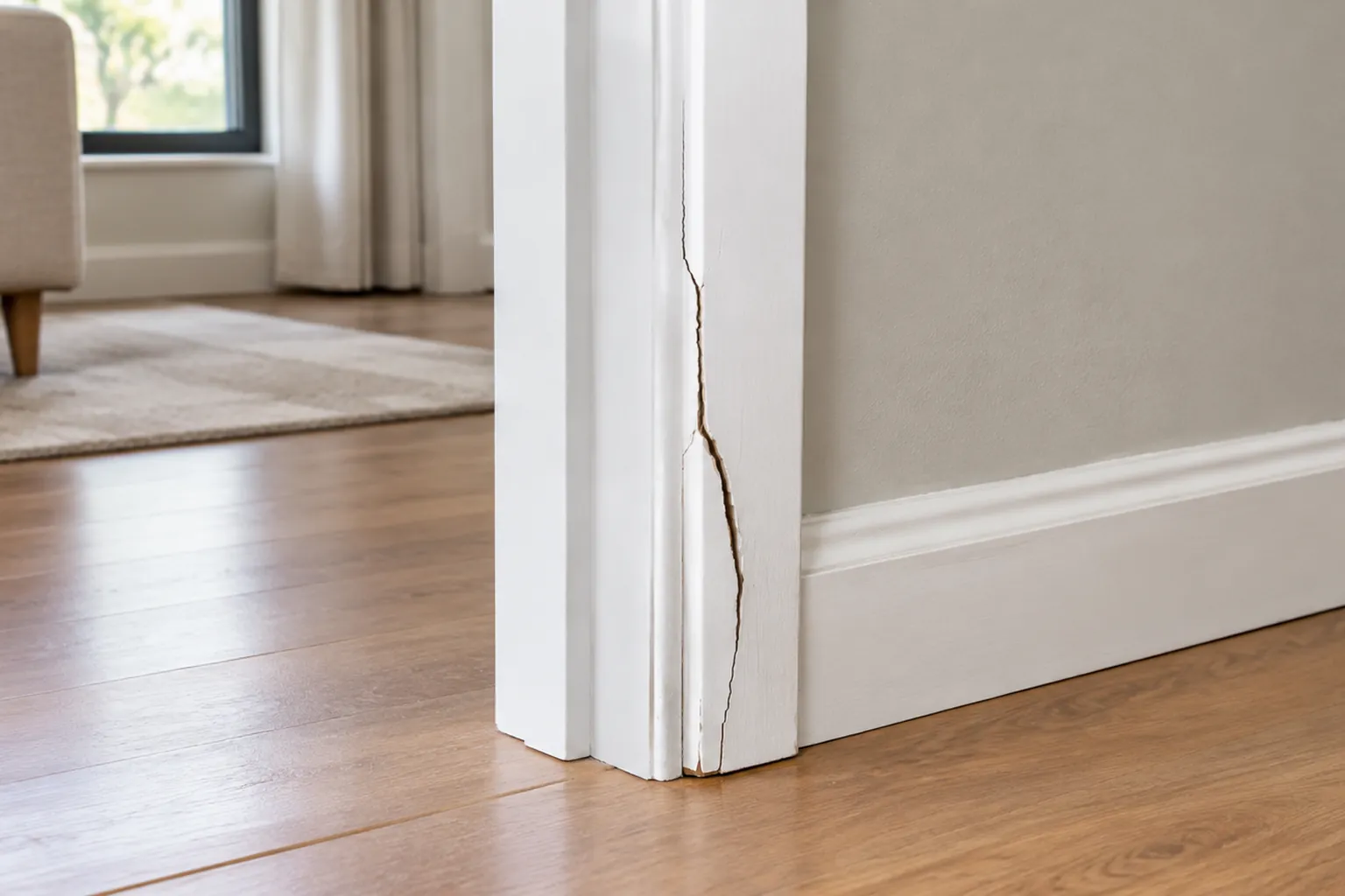 Retakan pada trim putih di kaki kusen pintu