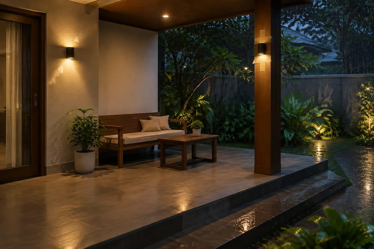 Lampu dinding dan cahaya taman pada teras rumah saat senja