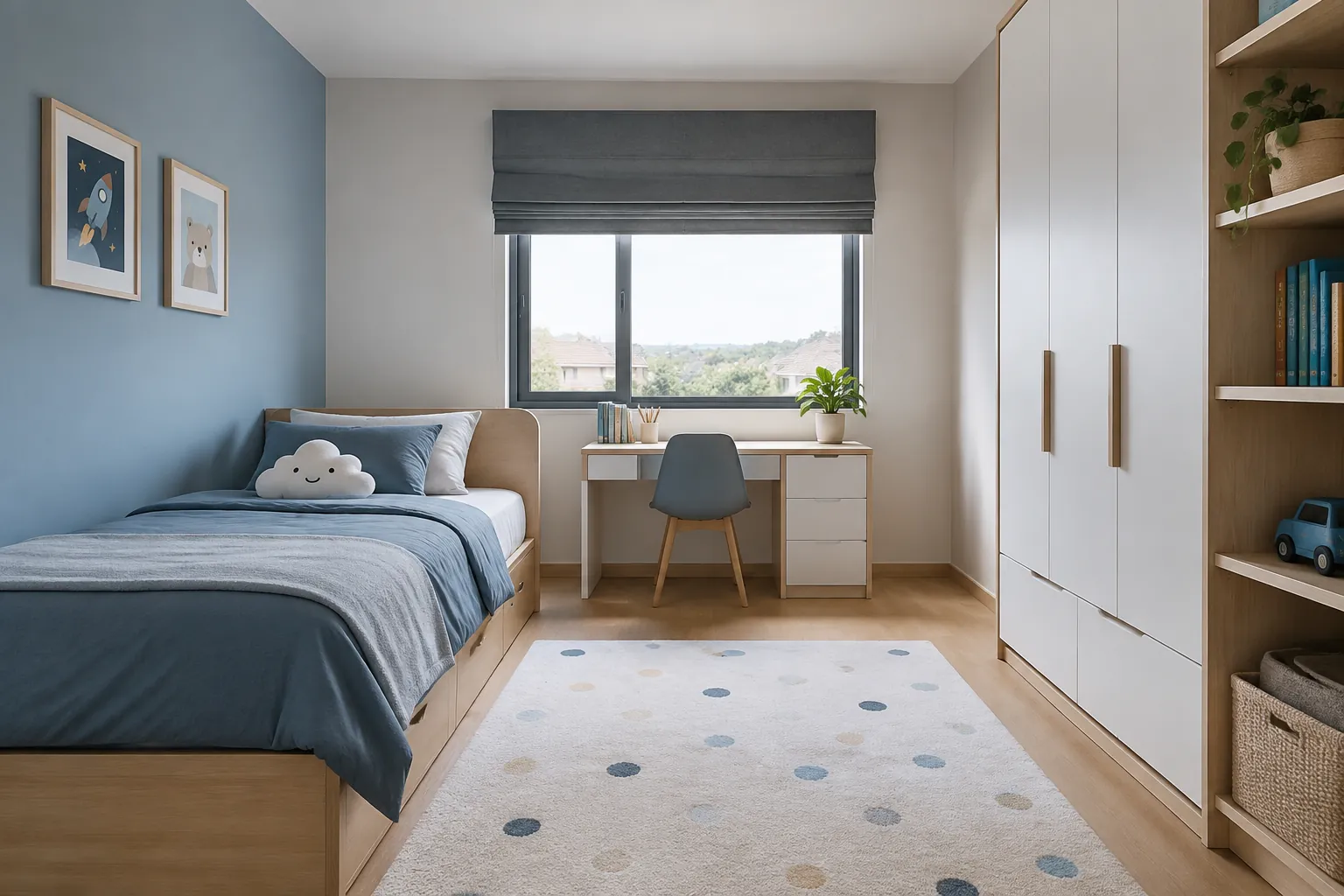 Kamar anak kecil dengan dinding biru muda dan furnitur putih