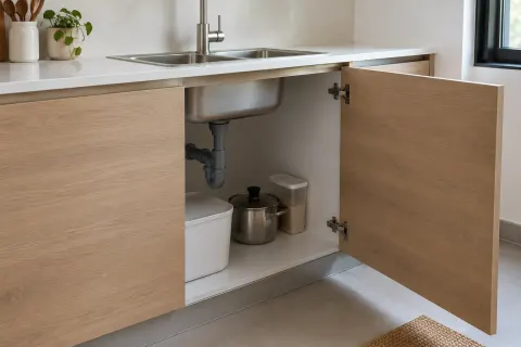 Kabinet bawah wastafel dengan pintu terbuka
