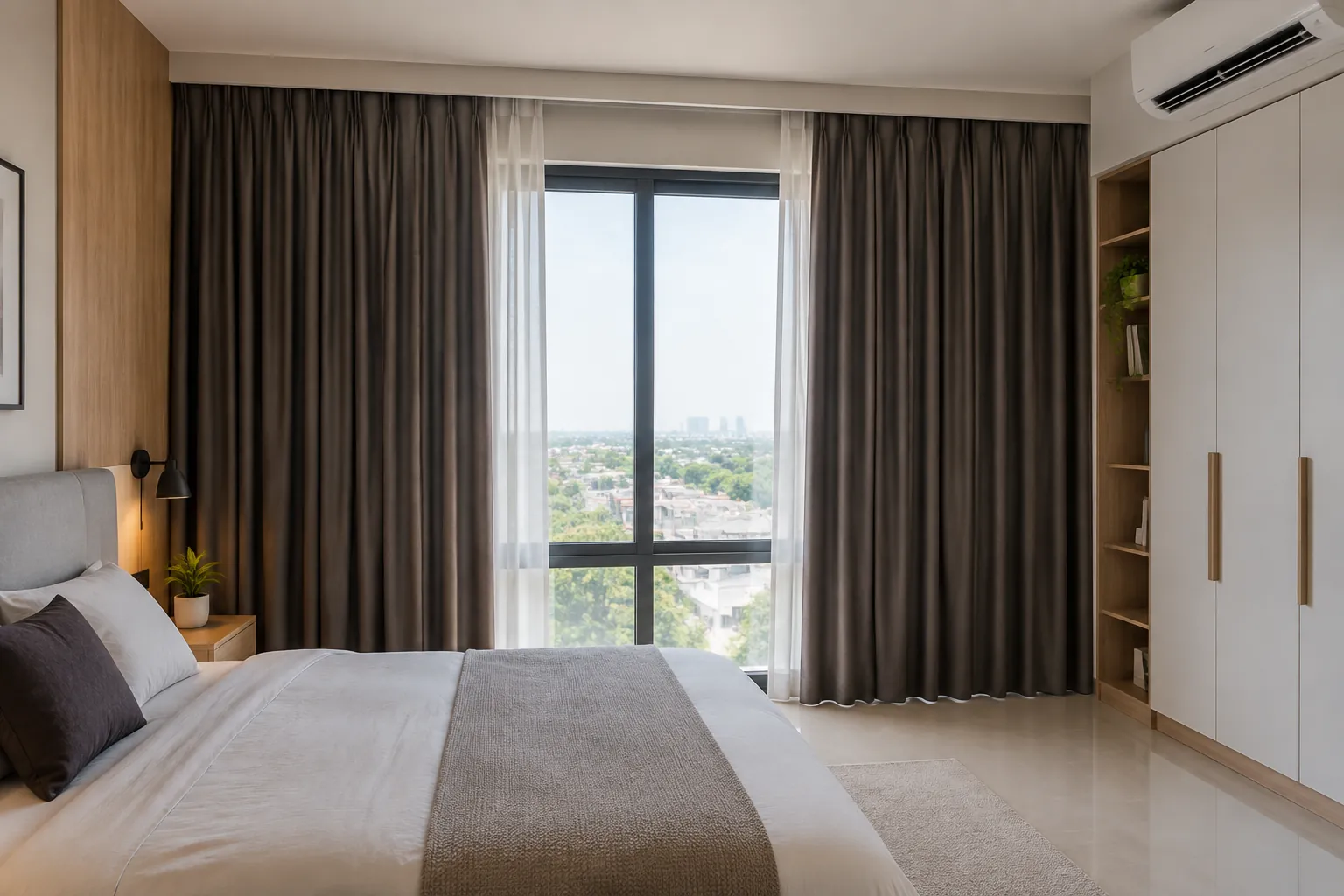 Tirai gelap dan lapisan tipis terpasang pada jendela kamar tidur