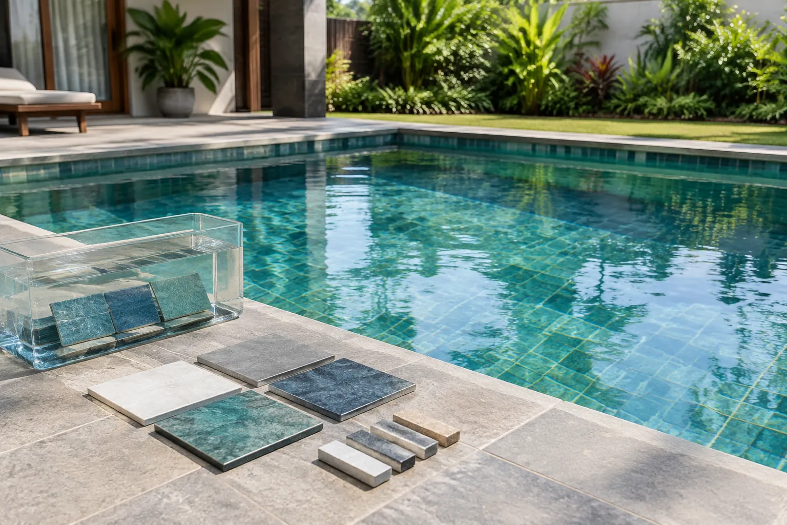 Sampel warna finishing diletakkan di sisi kolam renang