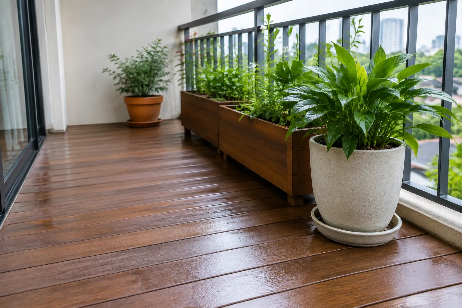Pot tanaman berada di atas lantai kayu balkon