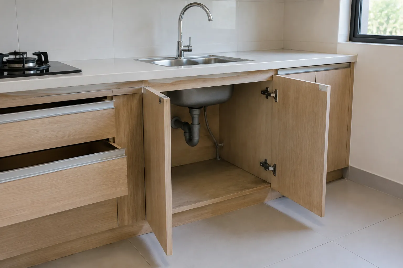 Kabinet bawah wastafel kitchen set terbuka untuk pemeriksaan