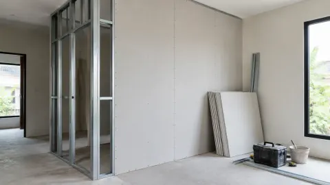 Rangka dan panel dinding ruangan yang sedang dipasang