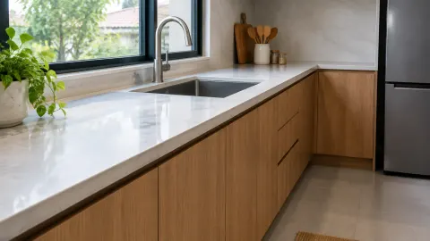 Meja dapur terang dengan wastafel di dekat jendela