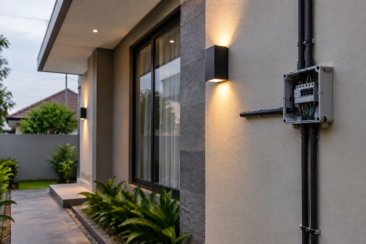 Lampu dinding luar dekat kabel dan kotak listrik