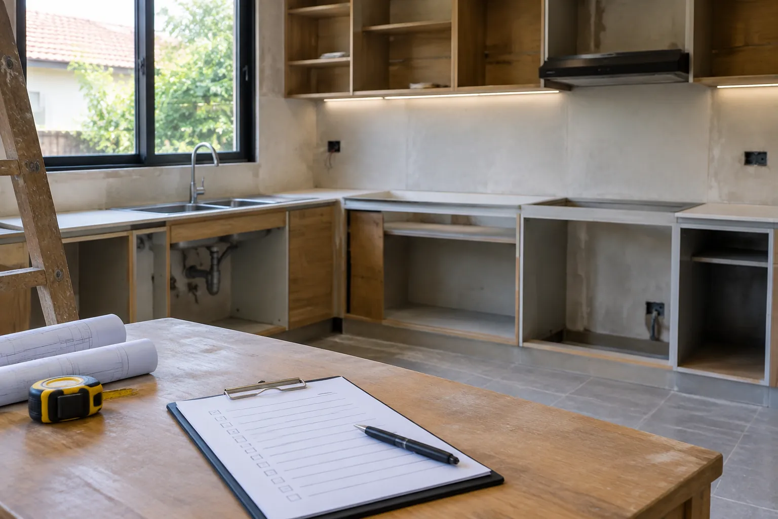 Dapur dalam renovasi dengan daftar periksa di atas meja kerja