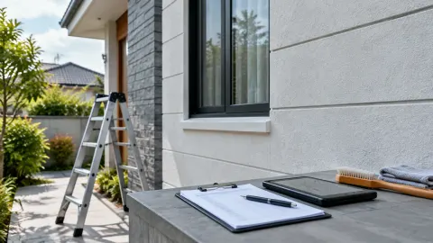 Seseorang meninjau dinding luar rumah dengan tangga dan catatan kerja