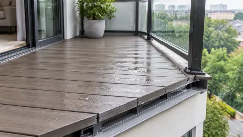 Dek balkon luar berlantai papan dengan pagar kaca