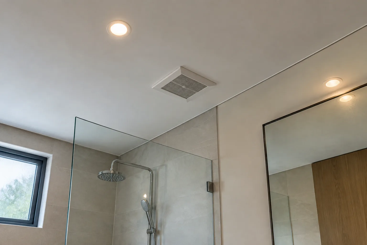 Tepi plafon dan bukaan perangkat kamar mandi.