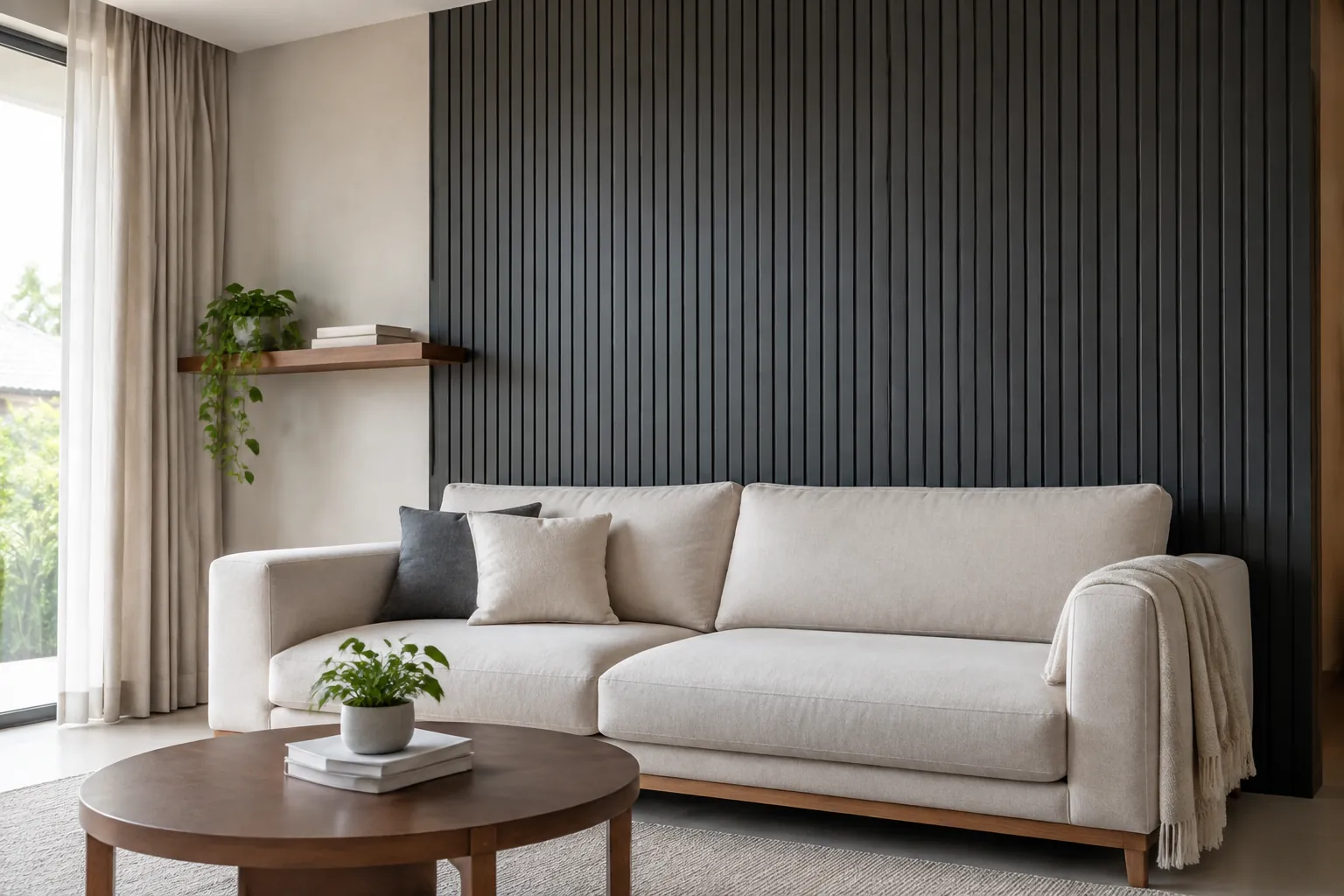 Panel gelap berjalur di belakang sofa terang