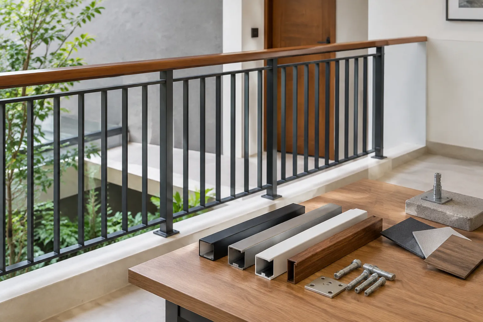 Sampel bahan dan sambungan pagar ditata di dekat balkon