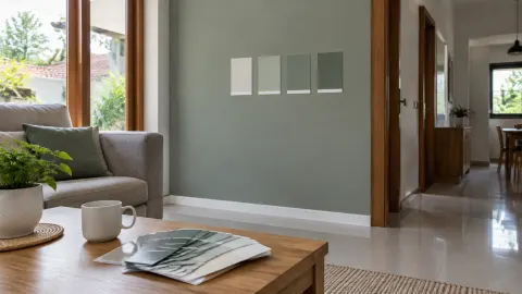 Dinding hijau dengan sampel warna di ruang keluarga