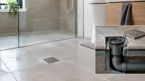 Saluran lantai kamar mandi dengan bagian pipa di bawahnya