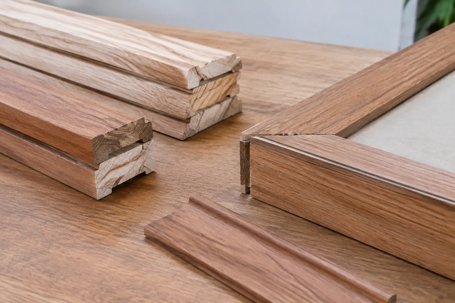 Potongan profil trim kayu di atas meja