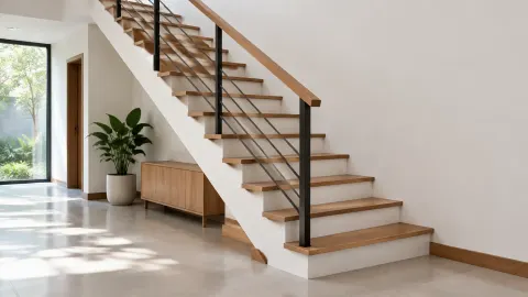 Tangga rumah minimalis dengan anak tangga kayu dan railing
