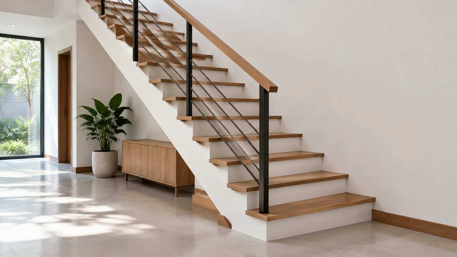 Tangga rumah minimalis dengan anak tangga kayu dan railing