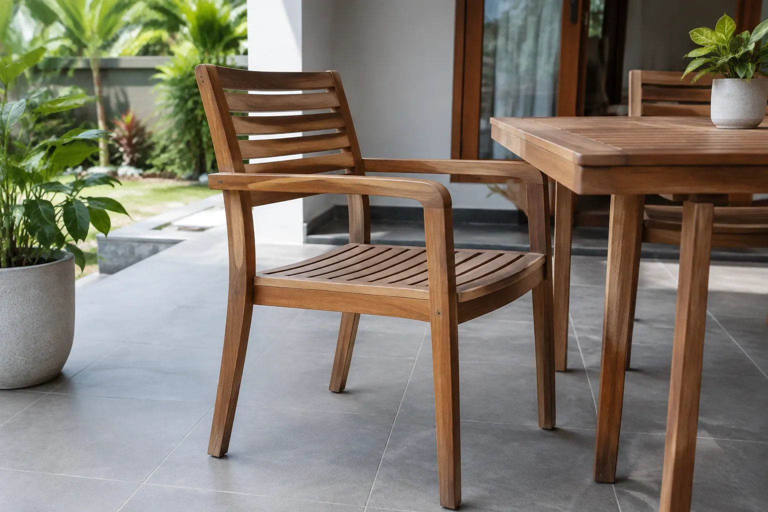 Kursi kayu dengan sandaran terbuka pada teras rumah