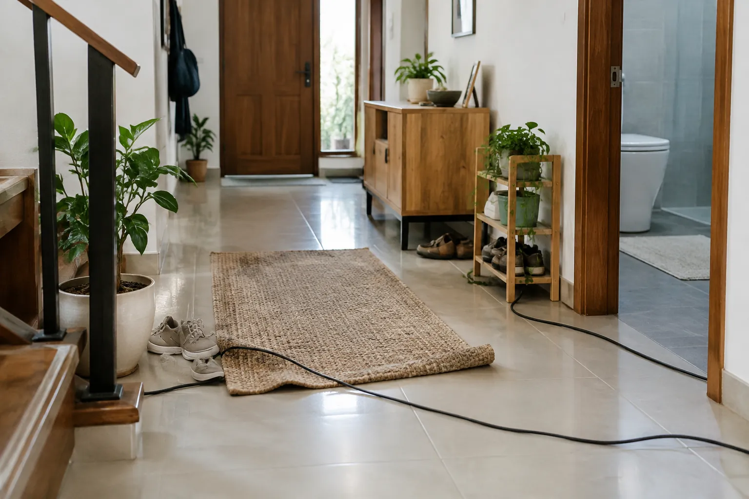 Kabel melintang dan tepi karpet terangkat pada jalur menuju kamar mandi