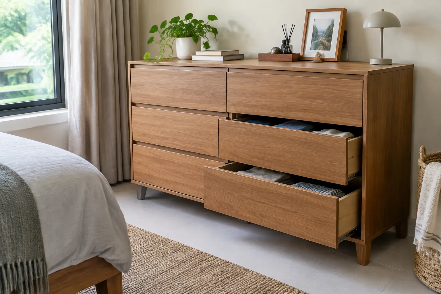 Laci lemari kayu terbuka di kamar tidur