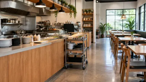 Area layanan dan tempat duduk kafe terlihat dalam satu ruang