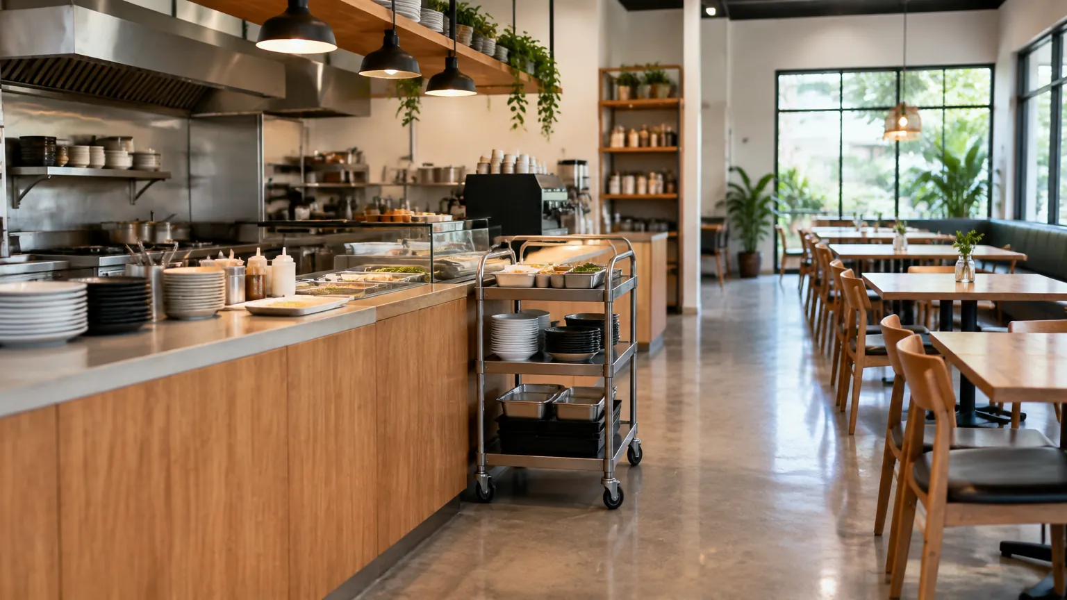 Area layanan dan tempat duduk kafe terlihat dalam satu ruang