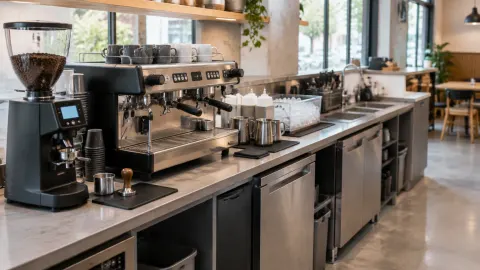 Meja bar kafe dengan mesin kopi dan peralatan penyajian